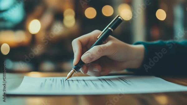 Fototapeta Close-up of a hand writing with a fountain pen on a business document in a warmly lit setting, blurred background creating a cozy mood, Concept of strategy, planning and document preparation.