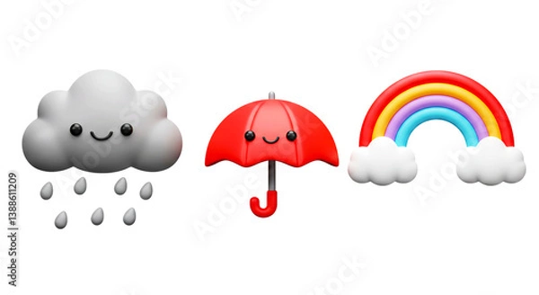 Fototapeta Weather icons featuring a cloud raining an umbrella and a rainbow on a black background scene png