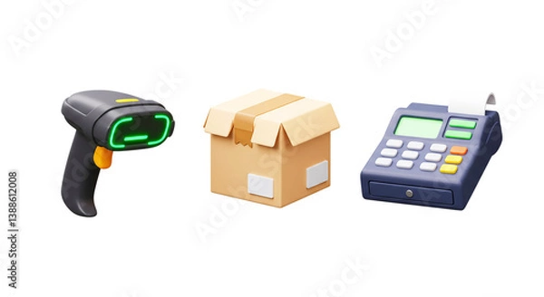 Fototapeta A barcode scanner next to a cardboard box and a cash register on a black color background scene png