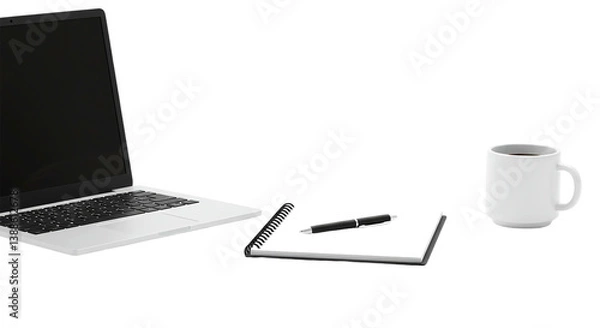 Fototapeta A laptop, notebook, pen, and coffee mug arranged on a surface in a simple, minimalist composition png