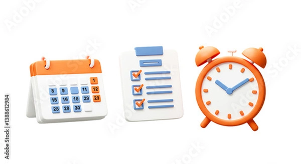 Fototapeta A calendar, a checklist, and an alarm clock in a row on a black background for time management concept png