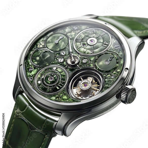Fototapeta Green Hybrid Watch with Silver Case and Intricate Tourbillon Dial Isolated on Transparent Background