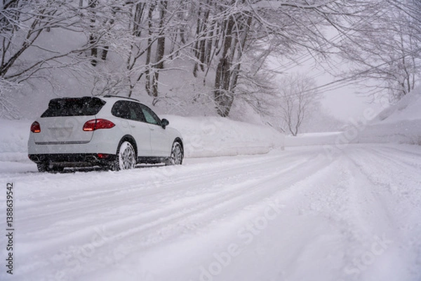 Fototapeta 冬の雪の中を走る車
