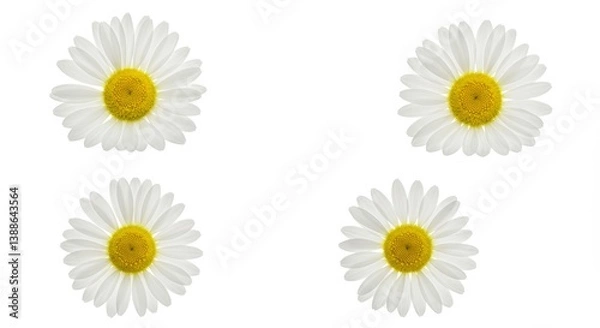 Fototapeta Four pristine daisy blossoms against a blank canvas of stark white serenity