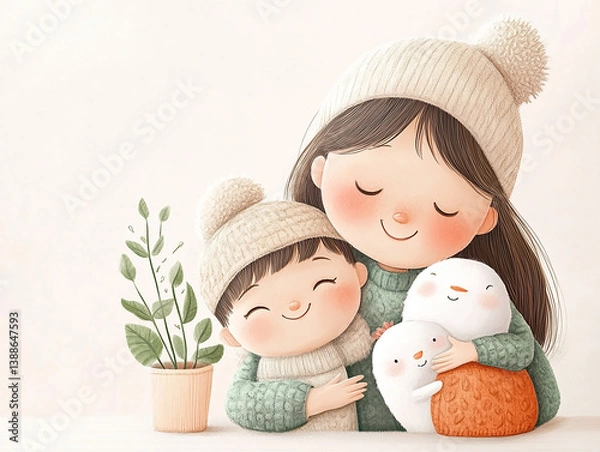 Fototapeta A loving mother tenderly embracing her children. The scene with soft pastel colors, whimsical and charming facial features evokes a cozy and heartfelt feel.