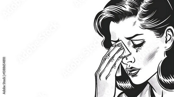 Fototapeta Dramatic comic book frame of a woman wiping a tear with a handkerchief, mascara slightly smudged, halftone print style on clean white background, 8k UHD, suitable for high-quality printing or 