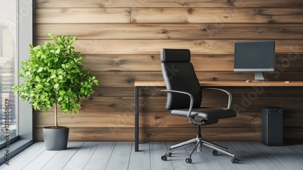 Obraz Cozy home office with wooden wall, ergonomic chair, and potted plant, showcasing modern and functional workspace design.
