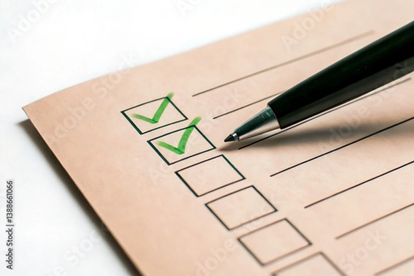 Fototapeta check box and pen, Checklist with green ticks symbolizing compliance in ESG practices. Pen marks completed tasks on paper