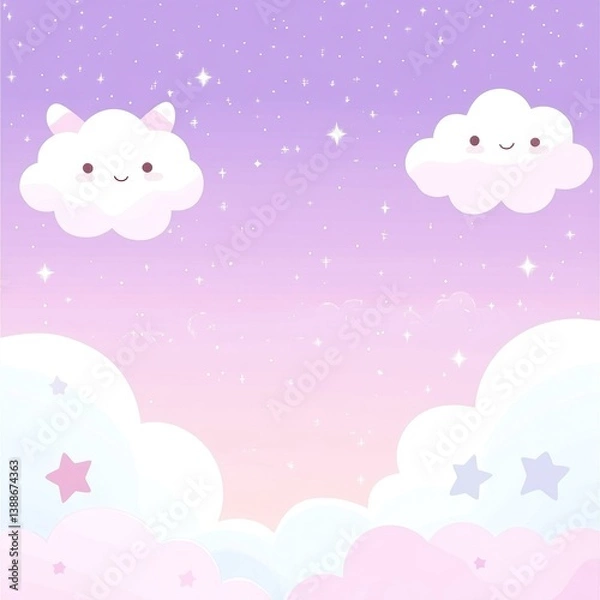 Fototapeta Adorable cartoon clouds float serenely among twinkling stars in sky