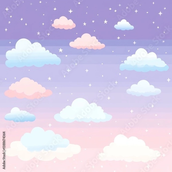 Fototapeta Pastel sky with fluffy clouds and sparkling stars is visible