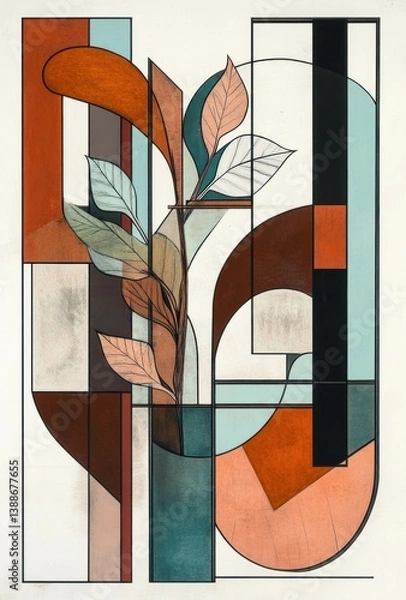 Fototapeta Abstract Botanical Illustration Featuring Leaves and Geometric Shapes