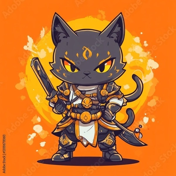 Fototapeta An armored feline warrior with a sword is ready for battle