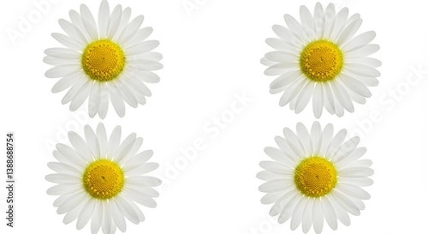 Fototapeta Four fresh daisies displayed against a crisp white backdrop offering clean aesthetic