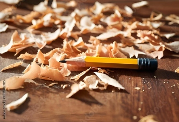 Fototapeta Pencil sharpened with wood shavings scattered around.
