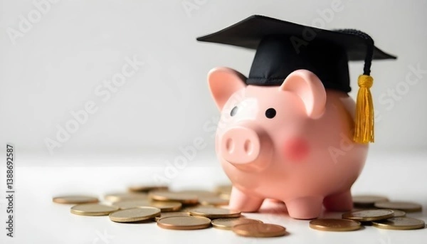 Fototapeta A piggy bank topped with a black graduation cap, surrounded by scattered coins symbolizing financial planning, investing in education, and the value of scholarships for academic success