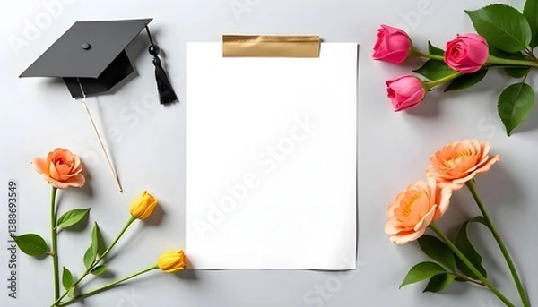 Obraz A blank invitation card next to graduation props and flowers, ready for personalized design insertion