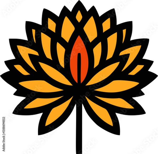 Obraz Lotus Flame Design. This striking design features a stylized lotus flower with vivid yellow petals and a bold red flame in the center. The intricate, symmetrical arrangement of the petals creates