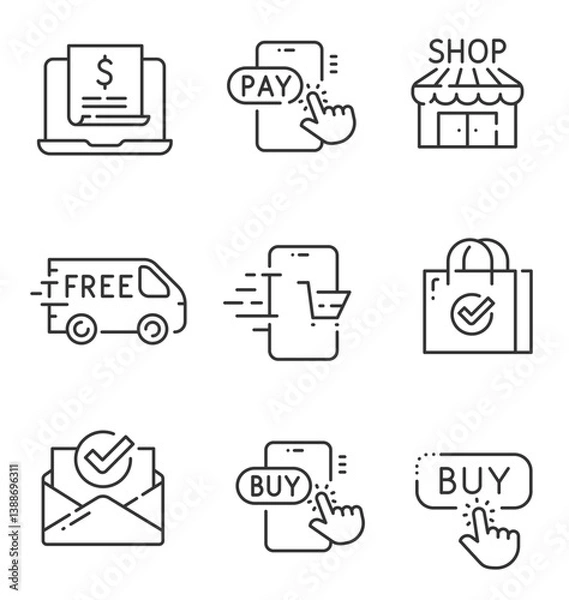 Obraz Set of shopping icons. Сollection of web icons for online store, such as discounts, delivery, contacts, payment, app store, location, shopping cart. Editable vector stroke