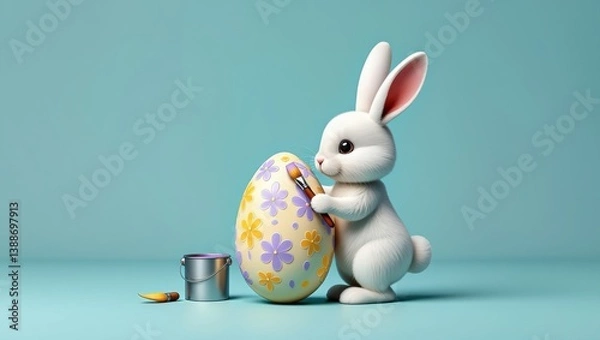 Fototapeta A cute bunny painting a colorful Easter egg with flowers, set against a soft blue background, evoking spring joy