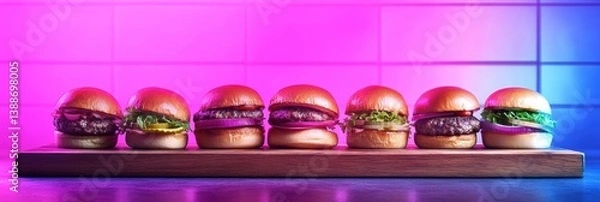 Fototapeta Gourmet mini burgers on rustic board with neon ambient lighting in modern setting