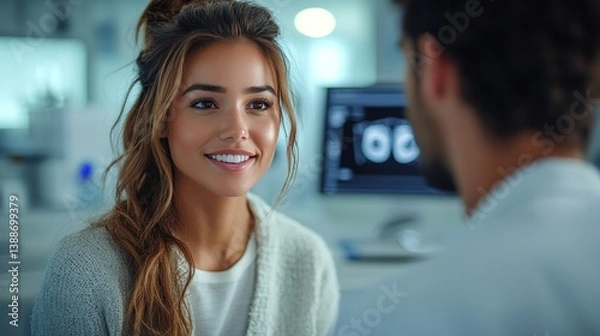 Obraz A digital illustration of an eye doctor using an interactive 3D model to explain LASIK surgery to a patient