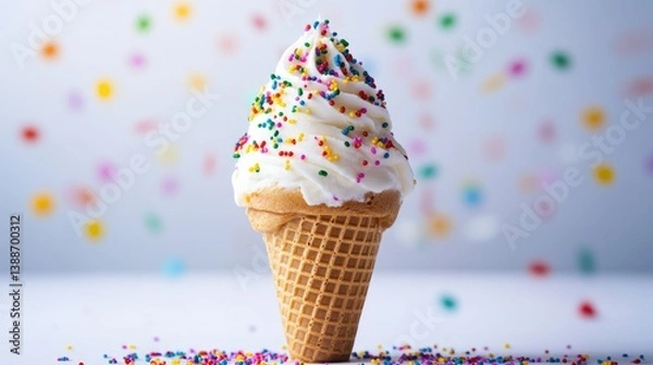 Fototapeta Festive Vanilla Indulgence Waffle Cone with Colorful Sprinkles