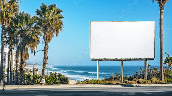 Fototapeta White empty billboard mockup on a beachside road