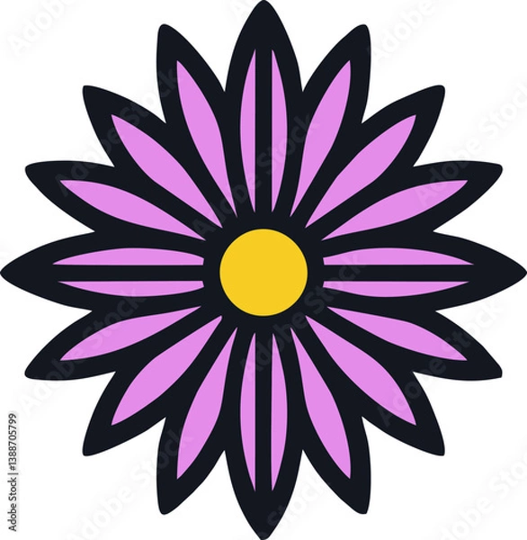 Obraz Purple Daisy Flower Design.  This vibrant design features a symmetrical flower with elongated lavender petals surrounding a bright yellow center. 