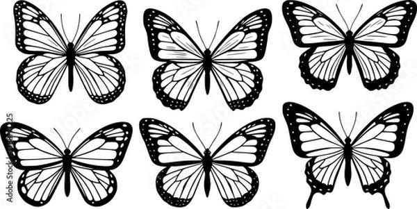 Fototapeta Set of contours of  monarch butterflies with different wings isolated on a white background. Vector silhouette of butterfly is perfect for patriot sticker, icon and decoration design