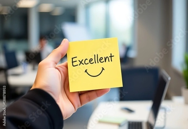 Fototapeta Hand holds sticky note with words "Excellent" and smiley face on blurred office background. Concept of positivity, encouragement, motivation, support and inspiration. Great job, wide background