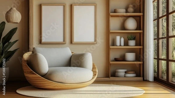 Fototapeta Cozy Interior with Frame: A serene and inviting living space, featuring a modern armchair, a minimalist wooden shelf with decor, and two blank frames, creating a warm and inviting atmosphere.