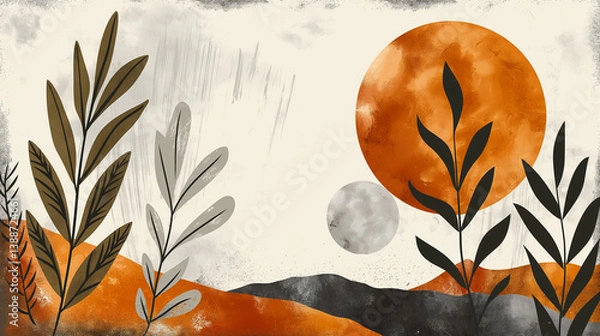 Obraz Minimalist Nature Design: A Geometric Composition of Mountains, Sun, and Foliage for Modern Aesthetic Appeal.