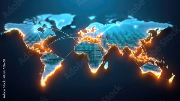 Obraz Glowing digital world map with global business connections and network lines