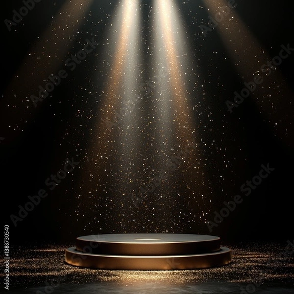 Fototapeta Elegant black podium on stage illuminated by a bright spotlight creating a dramatic atmosphere for presentations