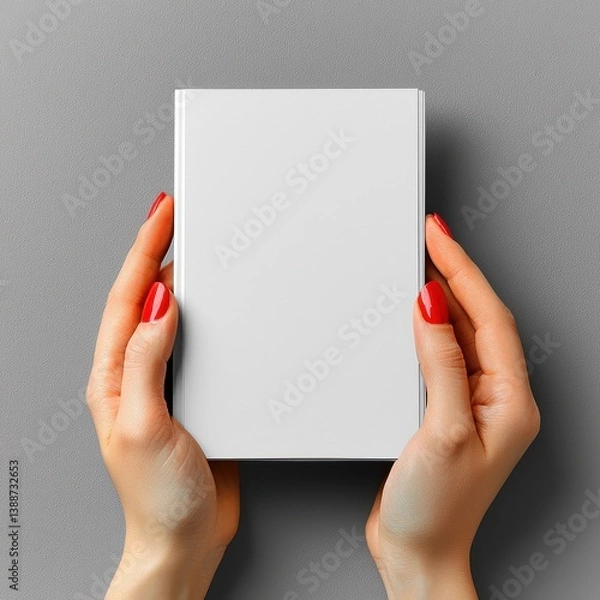 Fototapeta Two female hands holding a blank book with a soft gray background evoking a sense of calm and creative possibilities
