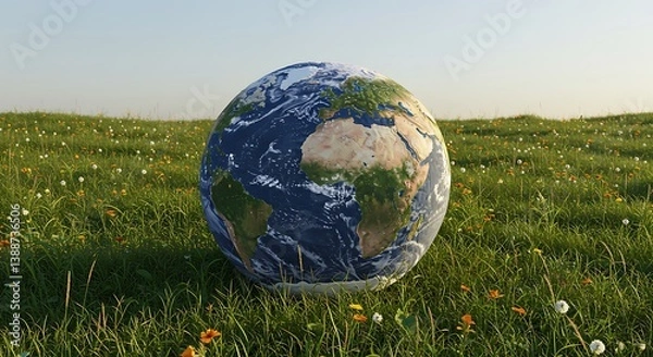 Obraz Earth Globe Resting in Grassy Field with Flowers Under Clear Sky