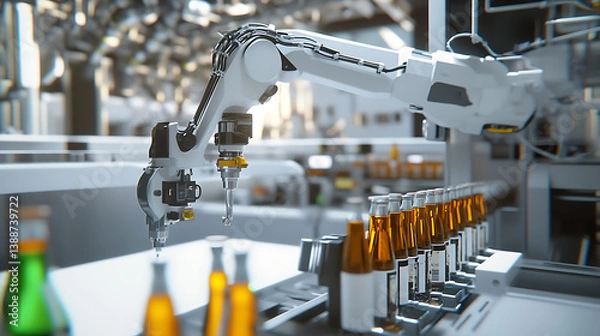 Fototapeta A mechanical arm in a cutting edge beverage bottling facility, surrounded by bottles, labeling machines