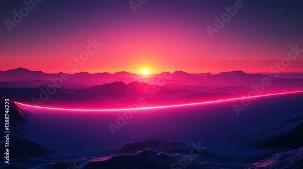 Fototapeta Sunset Vibrant pink & purple mountains with sunlight