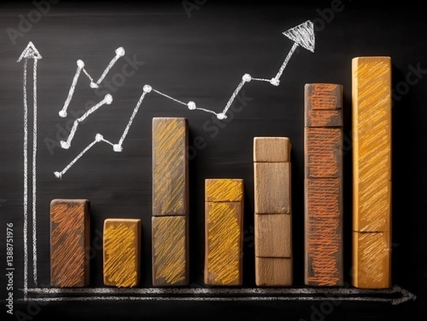 Obraz Wooden Blocks and Graph on Chalkboard Showing Business Growth