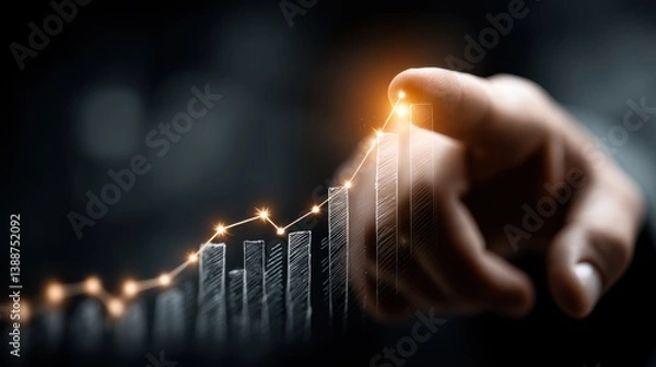 Obraz Hand Pointing at Rising Graph with Light Effects on Dark Background