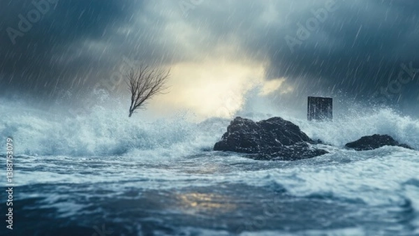Fototapeta Dramatic seascape during a storm with crashing waves, dark clouds, and a solitary tree in the background