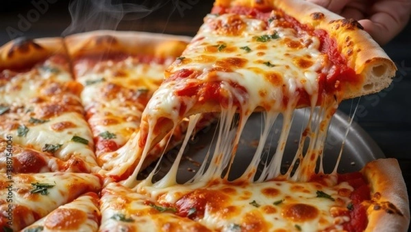 Fototapeta A close-up of a freshly baked cheese pizza being pulled apart, with steam rising and a rustic wooden table background
