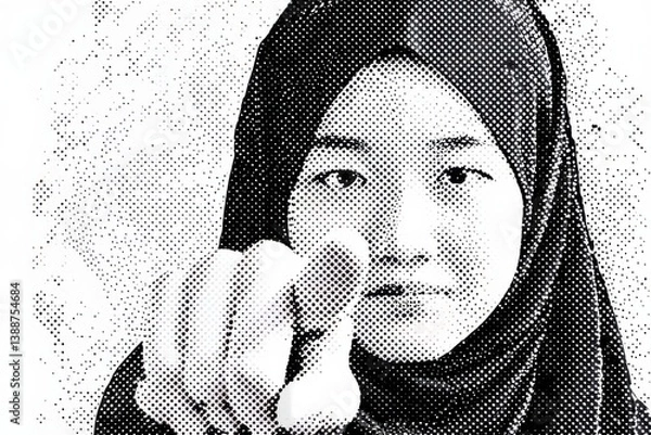 Fototapeta A young woman in a hijab points assertively at the viewer, set against a textured background, conveying determination