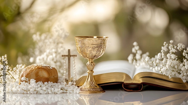 Obraz A book is open to a page with a cross and a cup on it