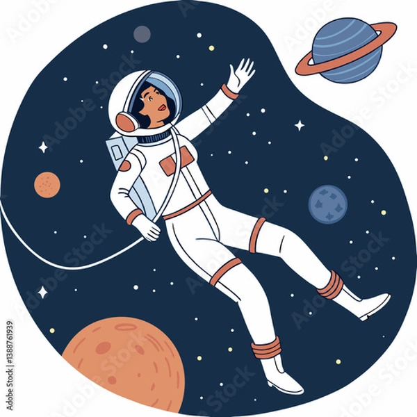 Fototapeta Create a bold, vector illustration of a female astronaut floating in space, featuring strong outlines and vibrant colors.