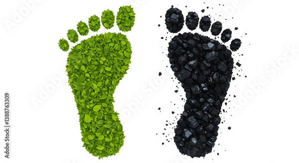 Fototapeta Green footprint made of leaves and a black footprint made of coal are representing the concept of ecology and pollution.