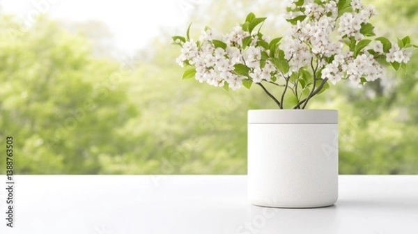 Obraz A white ceramic vase with delicate white flowers on a clean white surface, soft focus green foliage in the background, and minimalist and serene composition.