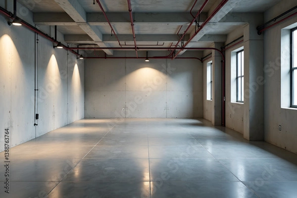 Obraz  Modern empty industrial-style room with concrete walls, large windows, exposed ceiling pipes, and polished cement flooring