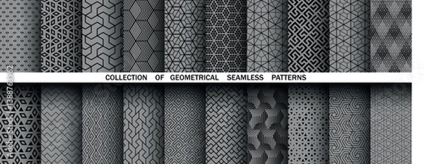 Fototapeta Geometric set of seamless black and gray patterns. Simple vector graphics