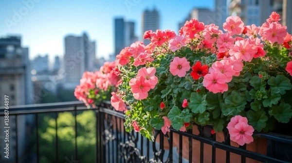 Obraz Pink petunias blooming on balcony with cityscape in background